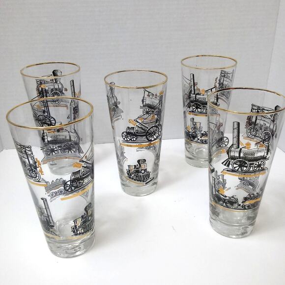 Vtg Libby Glassware Locomotive Trian Engine Industrial Age Steampunk Set of 5 - Picture 2 of 10